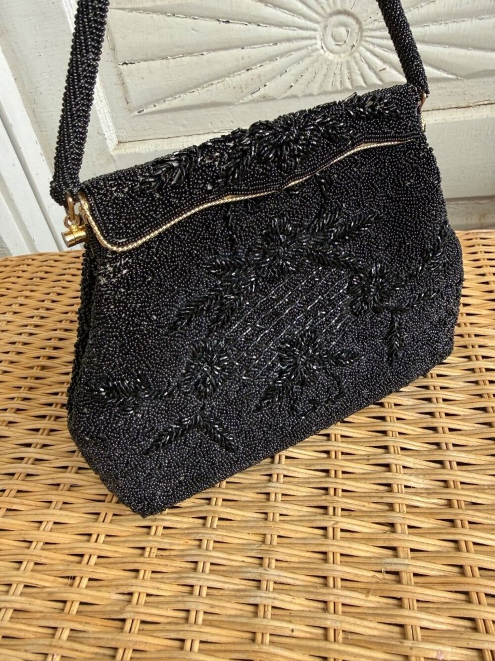 Vintage 1960s Black Glass Floral Seed Beaded Top Handle Formal Purse - Picture 16 of 16